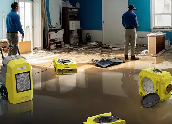 Two technicians assessing a flooded room with dehumidifiers running