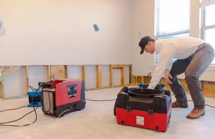 Technician placing drying equipment in a flood-cut Lewisville room