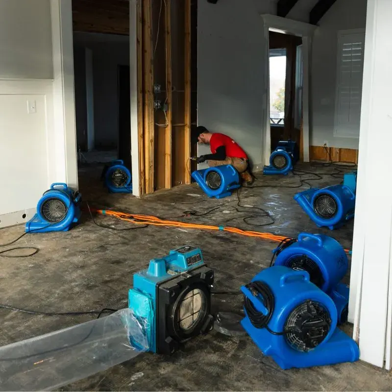 Blue air movers and an air scrubber drying a flood-cut living room in Lewisville