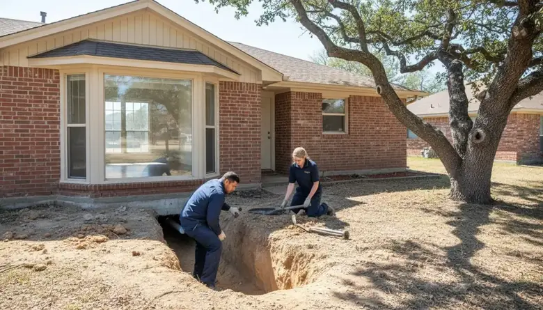 Crew digging beside a brick slab home to reach a leak under the foundation