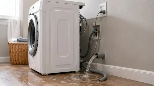 Water spilling from a washing machine drain hose onto a laundry floor