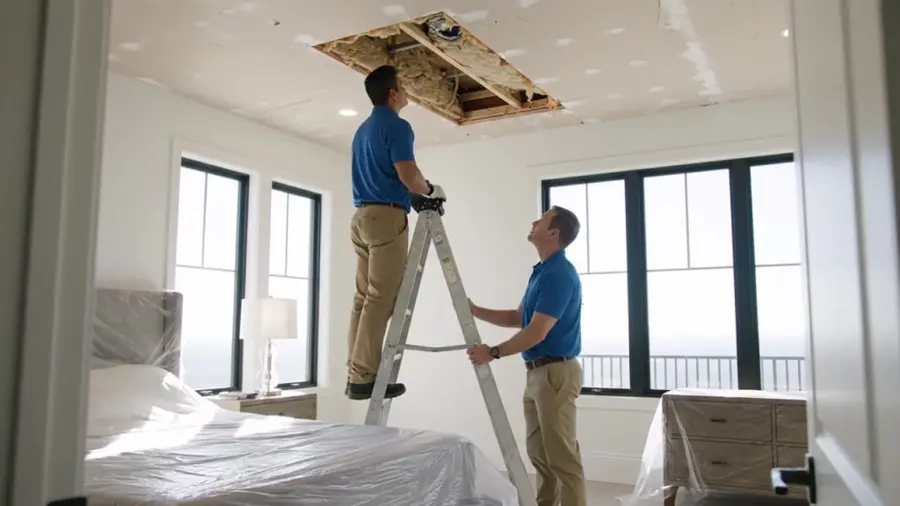 Two technicians on a ladder checking an opened bedroom ceiling for water