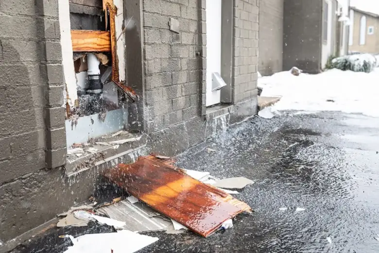 Water pouring from a split pipe in an exterior wall after a hard freeze