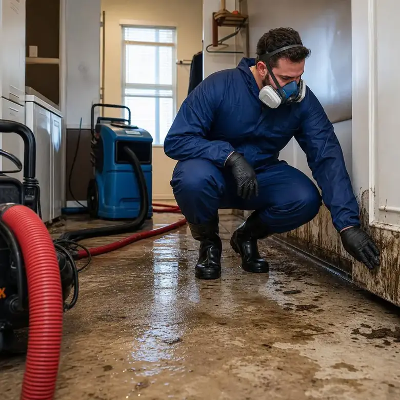 Worker in a respirator and coveralls inspecting a sewage-soaked baseboard