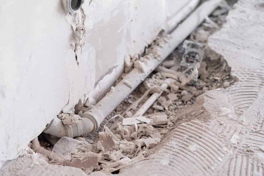 Tile and mortar chipped away to expose a leaking pipe in a concrete slab