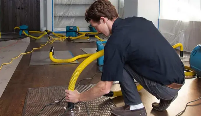 Technician running a yellow extraction hose over a wet hardwood floor