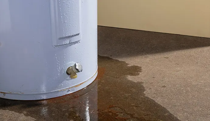Water pooling at the base of a leaking tank water heater